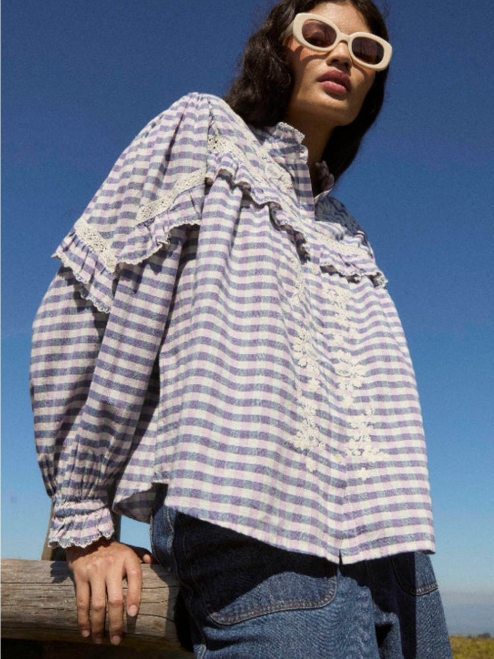 Louise Misha Purple Gingham Lace-Yoke Ruffle Blouse